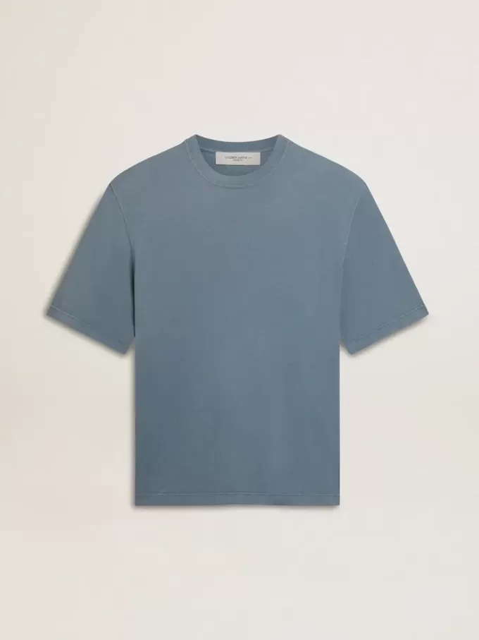 Camiseta unisex de algodón en azul celeste con estampado invertido en la espalda