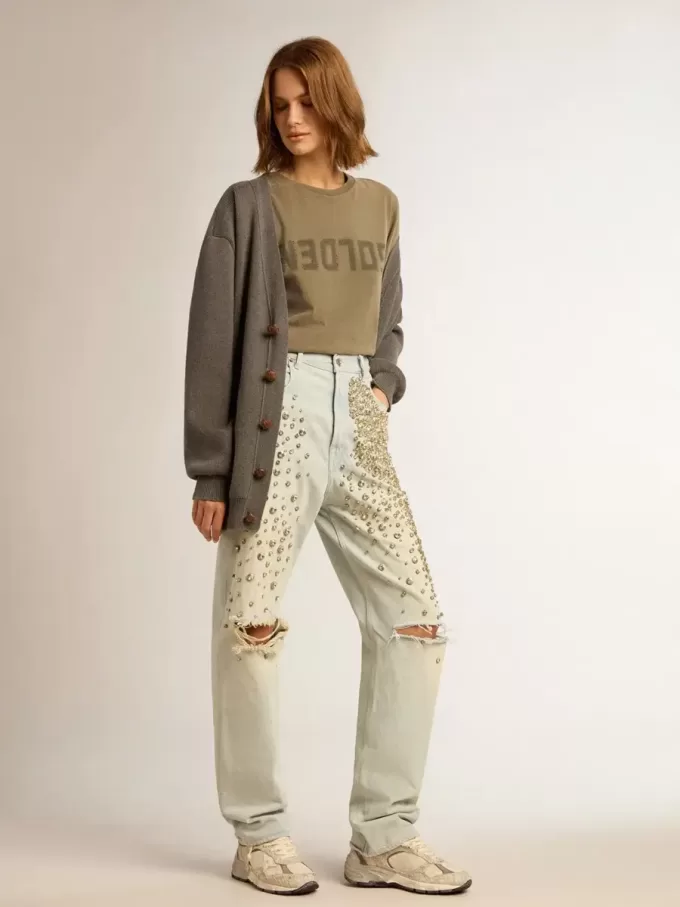 Camiseta verde oliva para mujer con letras doradas