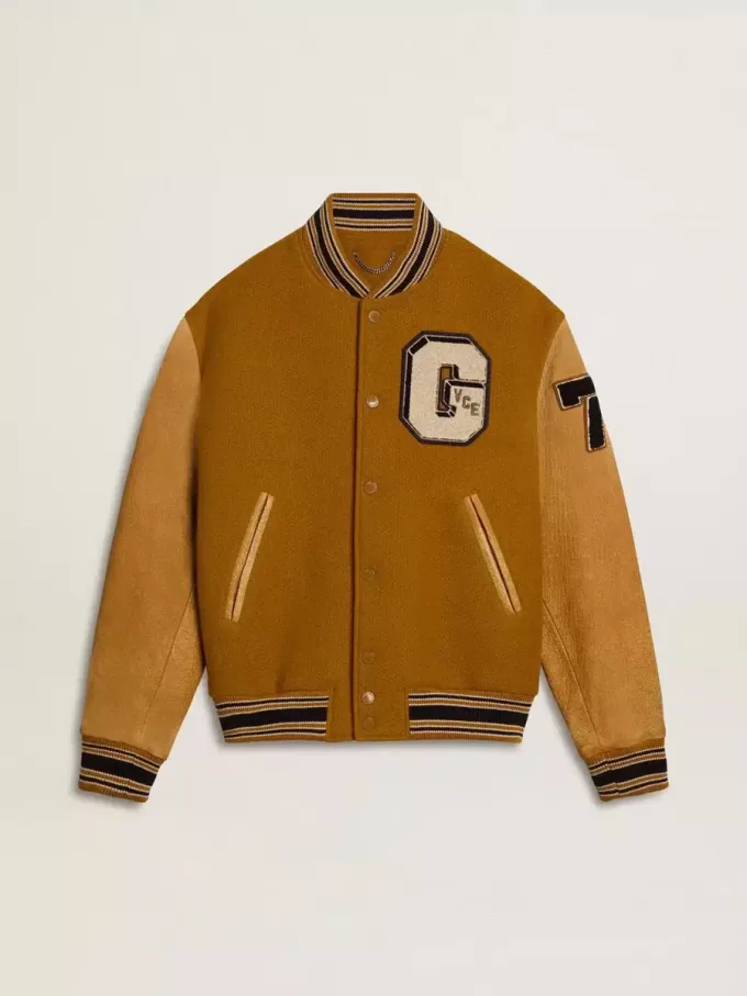 Cazadora bomber de lana amarillo ocre con mangas de cuero