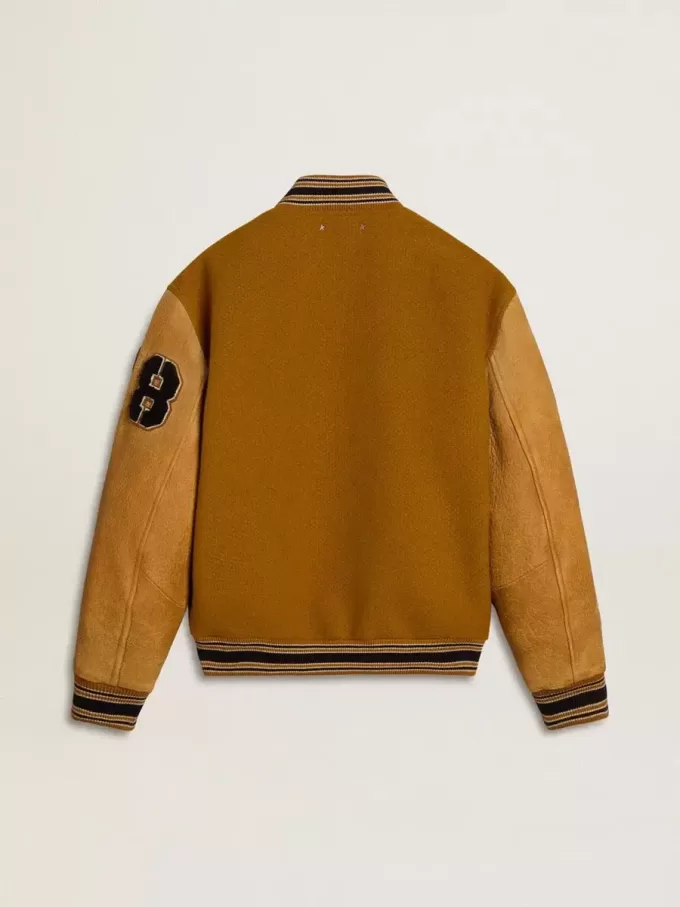 Cazadora bomber de lana amarillo ocre con mangas de cuero