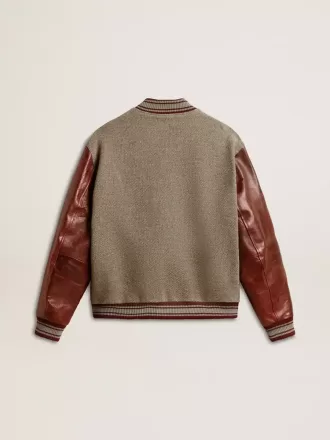 Cazadora bomber de lana gris jaspeada con mangas de cuero