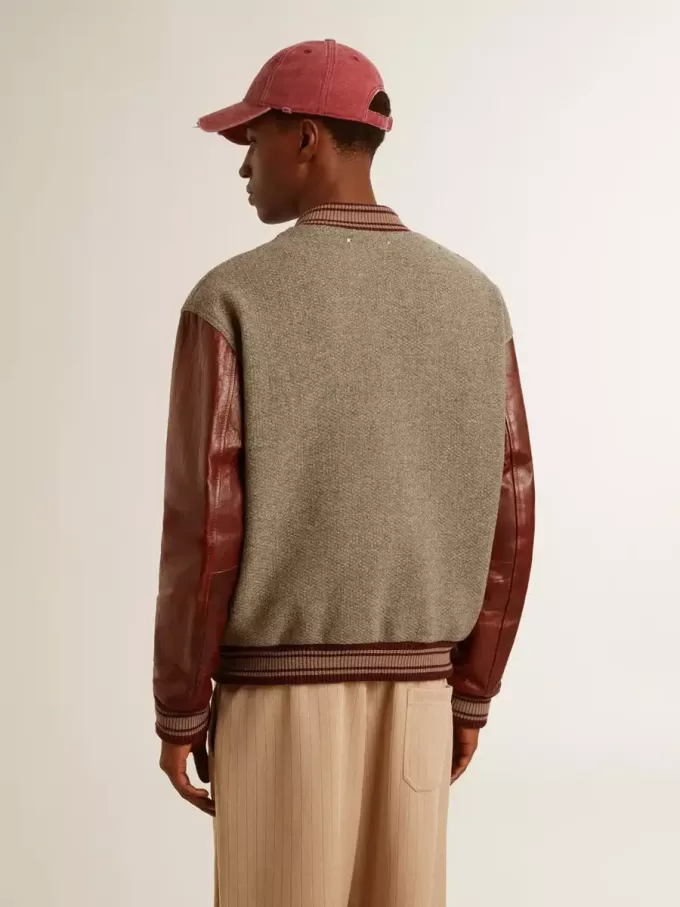 Cazadora bomber de lana gris jaspeada con mangas de cuero