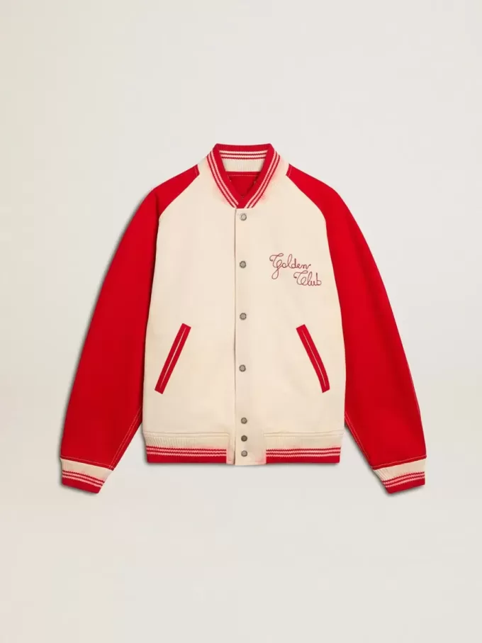 Cazadora bomber en blanco desgastado y rojo con bordados