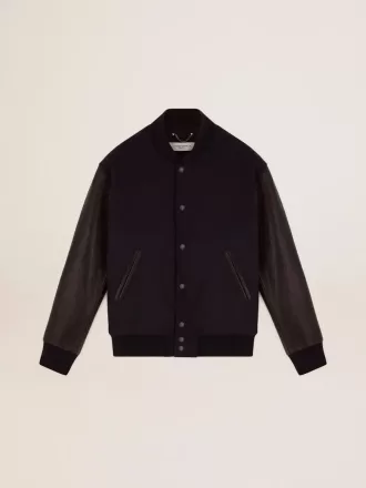 Cazadora bomber para hombre en lana azul oscuro con mangas de cuero