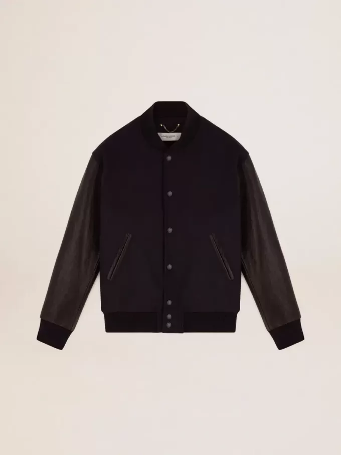 Cazadora bomber para hombre en lana azul oscuro con mangas de cuero