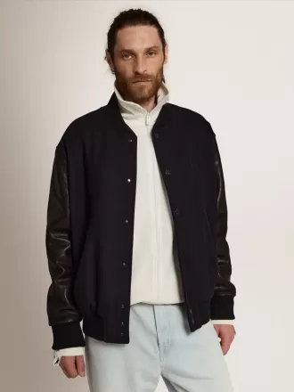 Cazadora bomber para hombre en lana azul oscuro con mangas de cuero