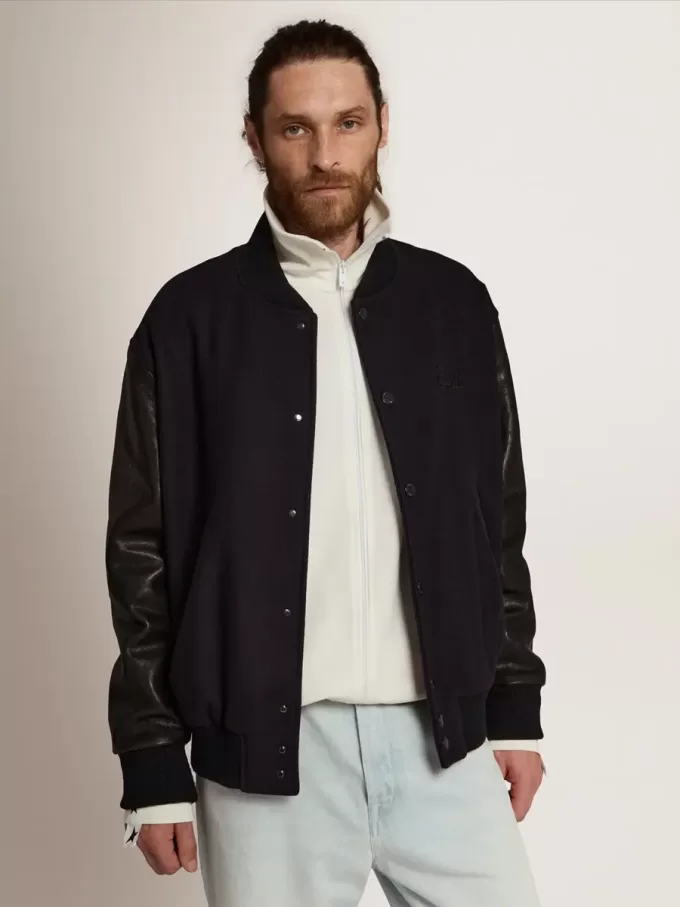 Cazadora bomber para hombre en lana azul oscuro con mangas de cuero