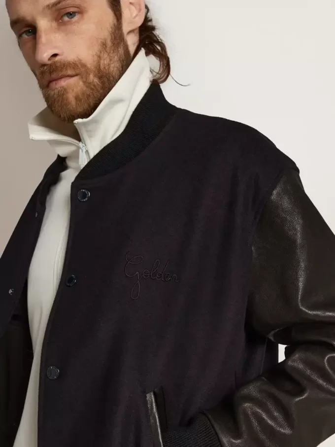 Cazadora bomber para hombre en lana azul oscuro con mangas de cuero