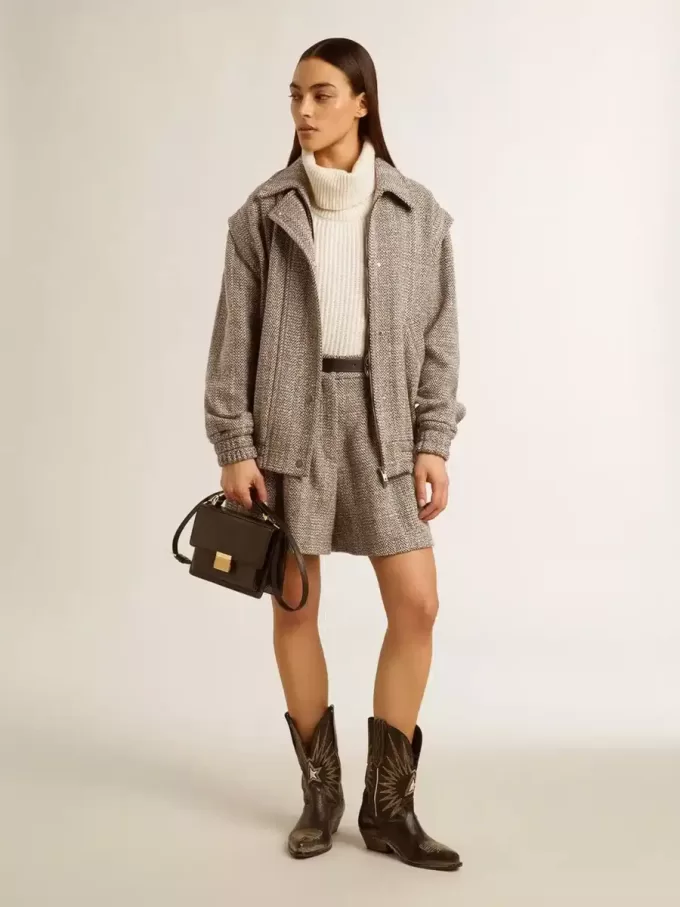 Cazadora bomber para mujer en lana marrón crudo con diseño en espiga