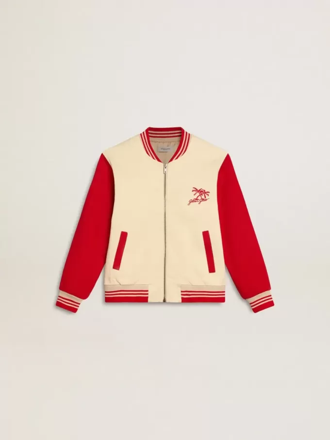 Cazadora bomber para niño en algodón beige y rojo con bordado en el pecho Cazadora bomber para niño en algodón beige y rojo con bordado en el pecho
