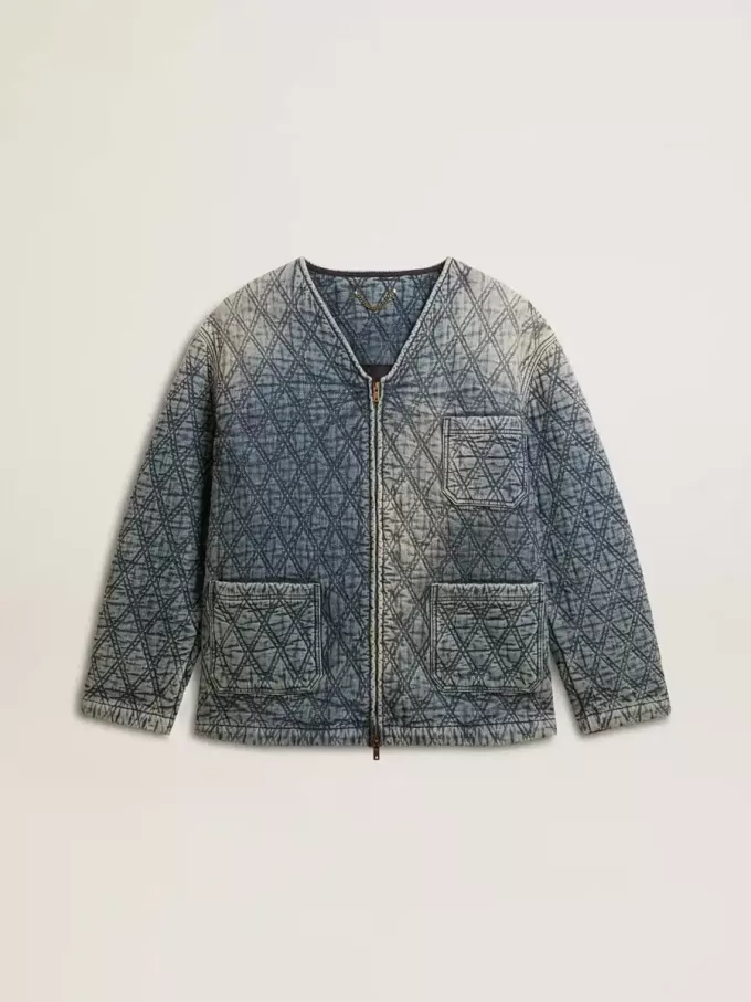 Chaqueta acolchada azul para mujer en denim de algodón con acabado desgastado