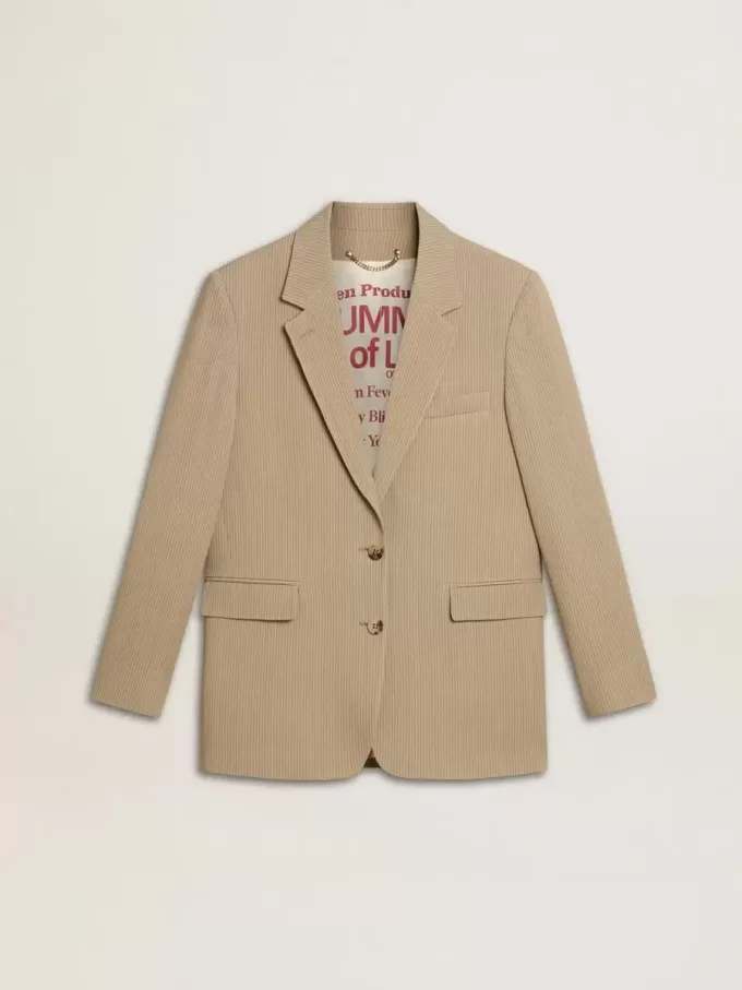 Chaqueta beige de rayas finas para mujer, de corte oversize y botonadura sencilla