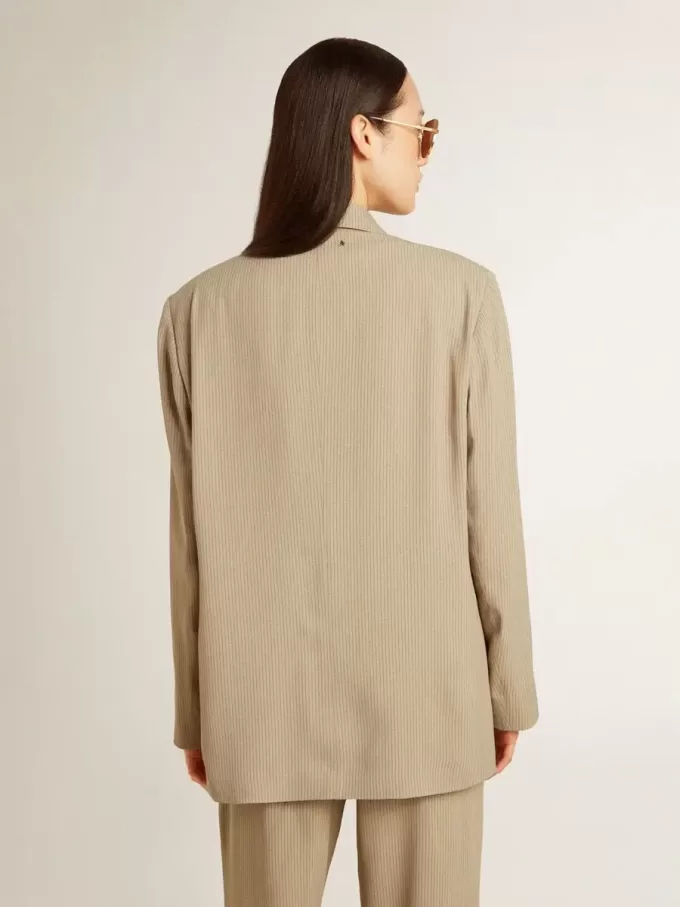 Chaqueta beige de rayas finas para mujer, de corte oversize y botonadura sencilla