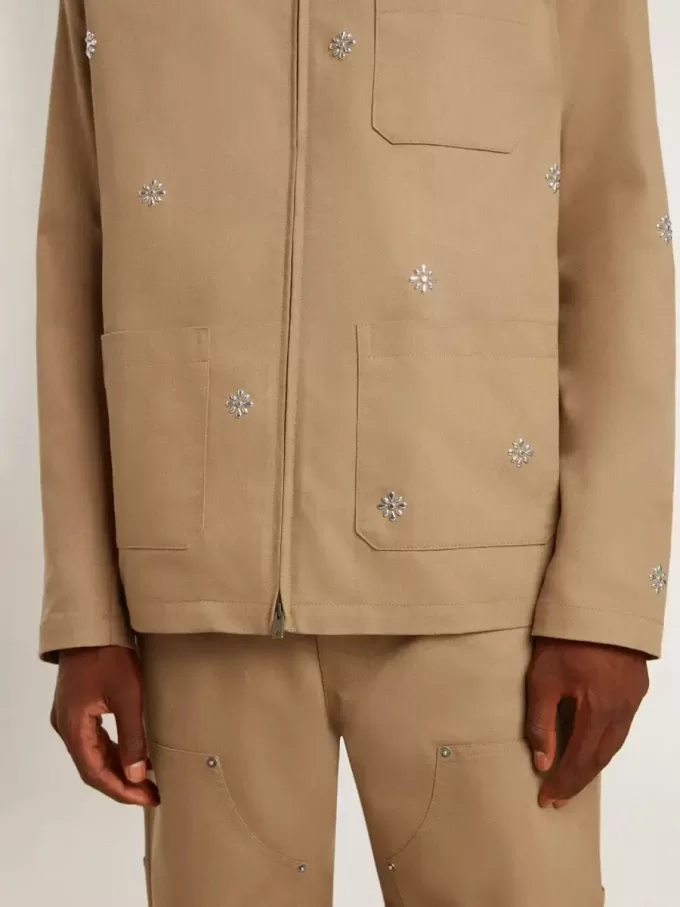 Chaqueta beige para hombre con bordado floral y cremallera completa Chaqueta beige para hombre con bordado floral y cremallera completa