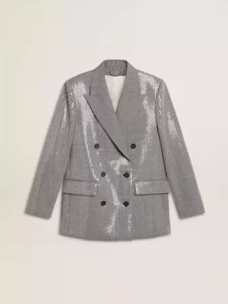 Chaqueta boyfriend de lana con doble botonadura, micro estampado de pata de gallo y lentejuelas