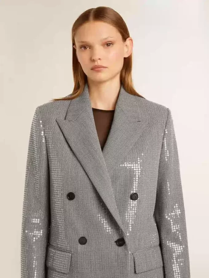 Chaqueta boyfriend de lana con doble botonadura, micro estampado de pata de gallo y lentejuelas Chaqueta boyfriend de lana con doble botonadura, micro estampado de pata de gallo y lentejuelas