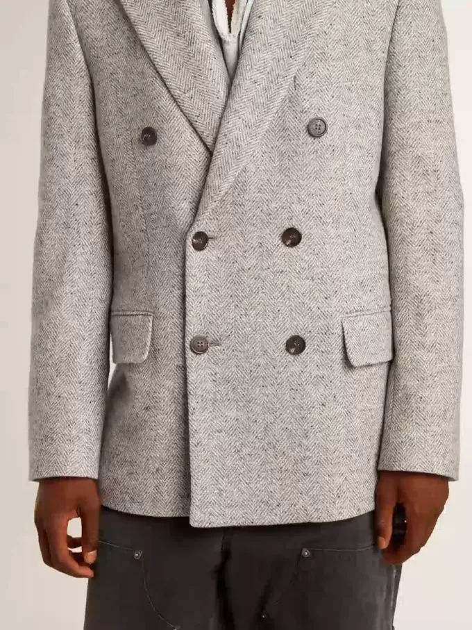 Chaqueta cruzada para hombre en seda gris y lana chevron Chaqueta cruzada para hombre en seda gris y lana chevron