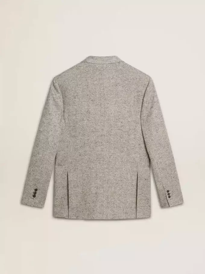 Chaqueta cruzada para hombre en seda gris y lana chevron Chaqueta cruzada para hombre en seda gris y lana chevron