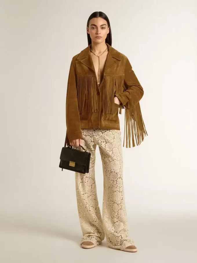 Chaqueta de ante color tabaco para mujer con flecos