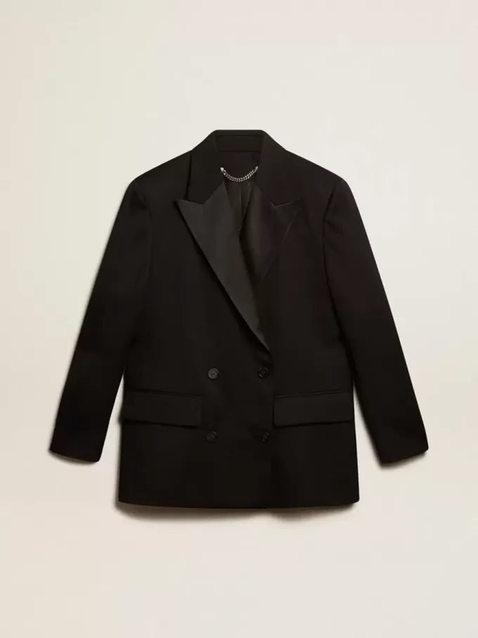 Chaqueta de esmoquin para mujer en gabardina de lana negra.