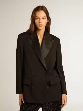 Chaqueta de esmoquin para mujer en gabardina de lana negra.