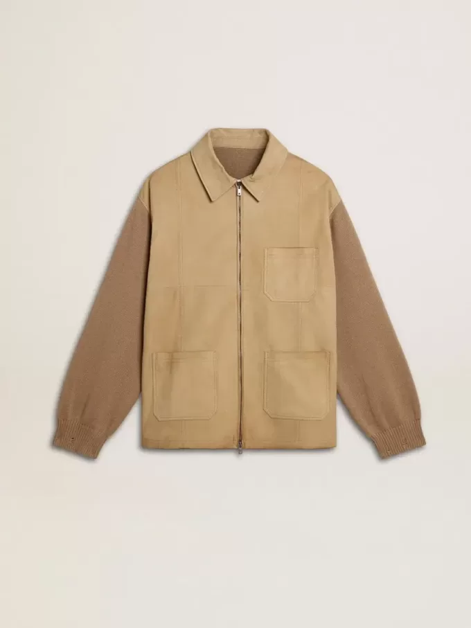 Chaqueta de hombre en piel nobuk color travertino con mangas y espalda en mezcla de lana