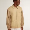 Chaqueta de hombre en piel nobuk color travertino con mangas y espalda en mezcla de lana