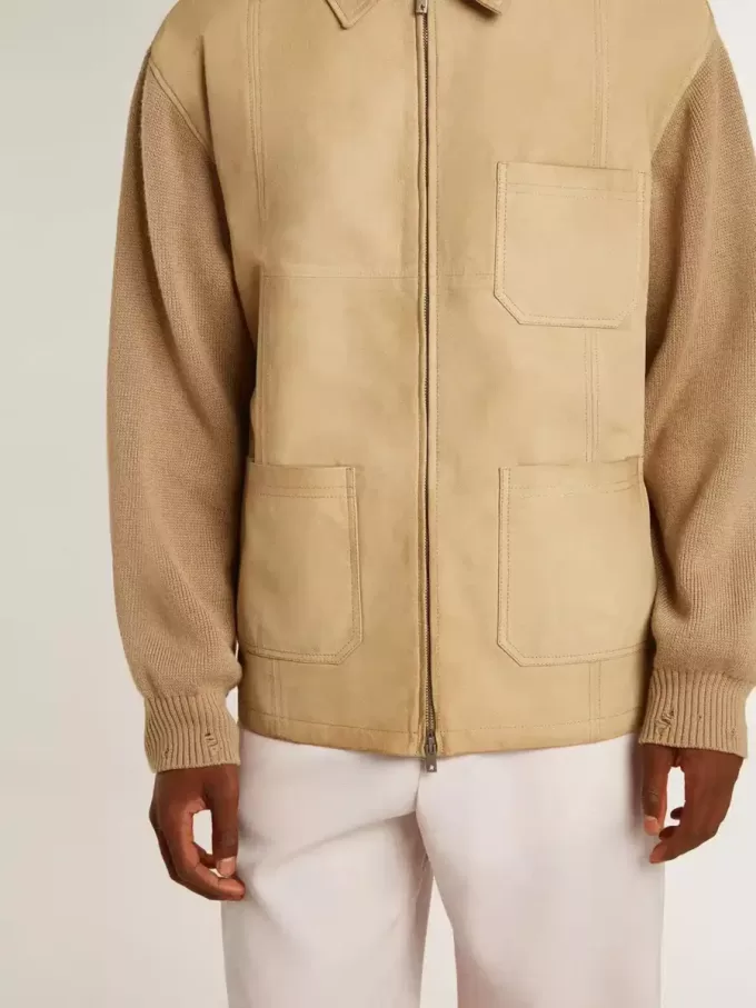 Chaqueta de hombre en piel nobuk color travertino con mangas y espalda en mezcla de lana