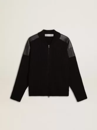 Chaqueta de lana merino negra para hombre con parches de cuero