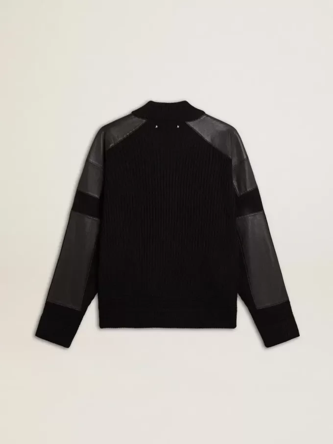 Chaqueta de lana merino negra para hombre con parches de cuero