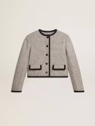 Chaqueta de lana y seda gris para mujer con ribete de ante negro