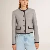 Chaqueta de lana y seda gris para mujer con ribete de ante negro