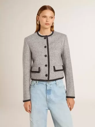 Chaqueta de lana y seda gris para mujer con ribete de ante negro