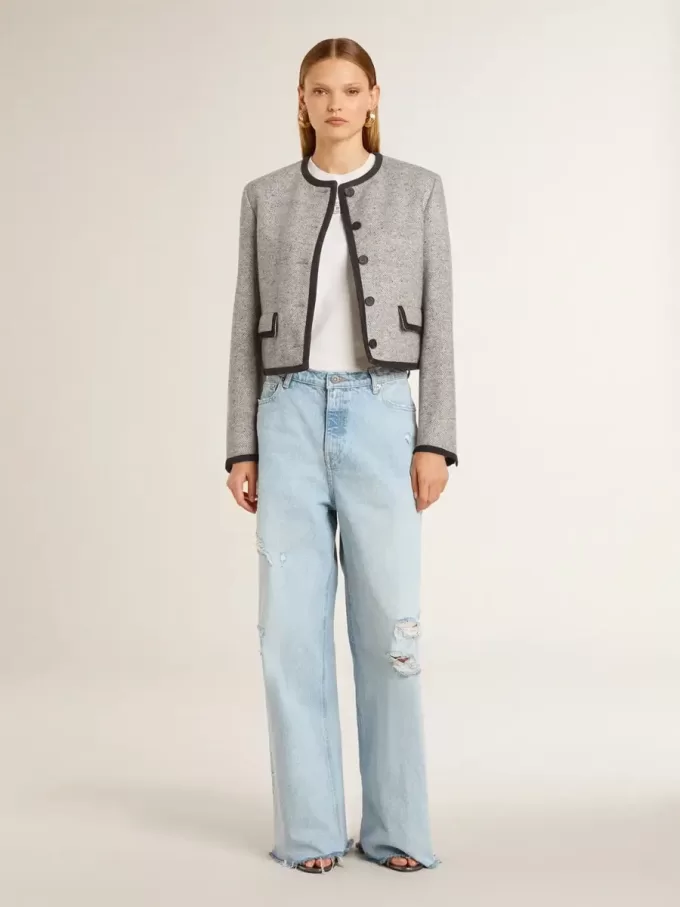 Chaqueta de lana y seda gris para mujer con ribete de ante negro