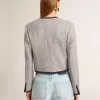 Chaqueta de lana y seda gris para mujer con ribete de ante negro