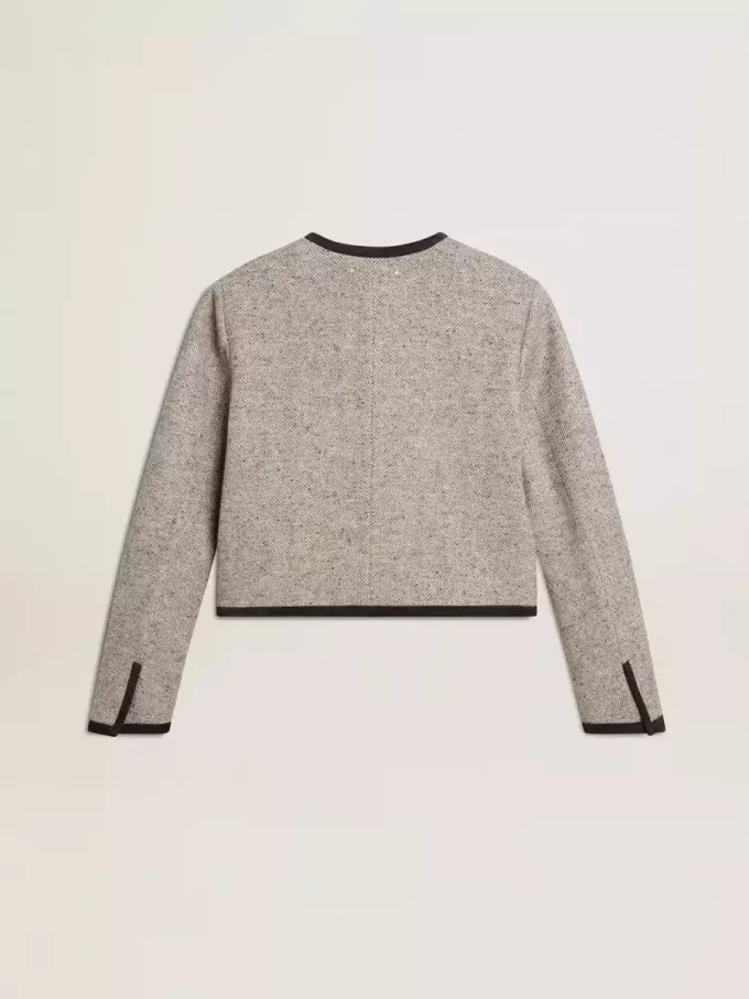 Chaqueta de lana y seda gris para mujer con ribete de ante negro