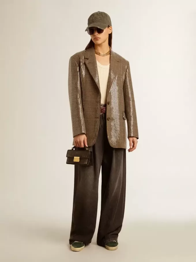 Chaqueta de mujer con estampado de pata de gallo y bordado de lentejuelas en toda la prenda