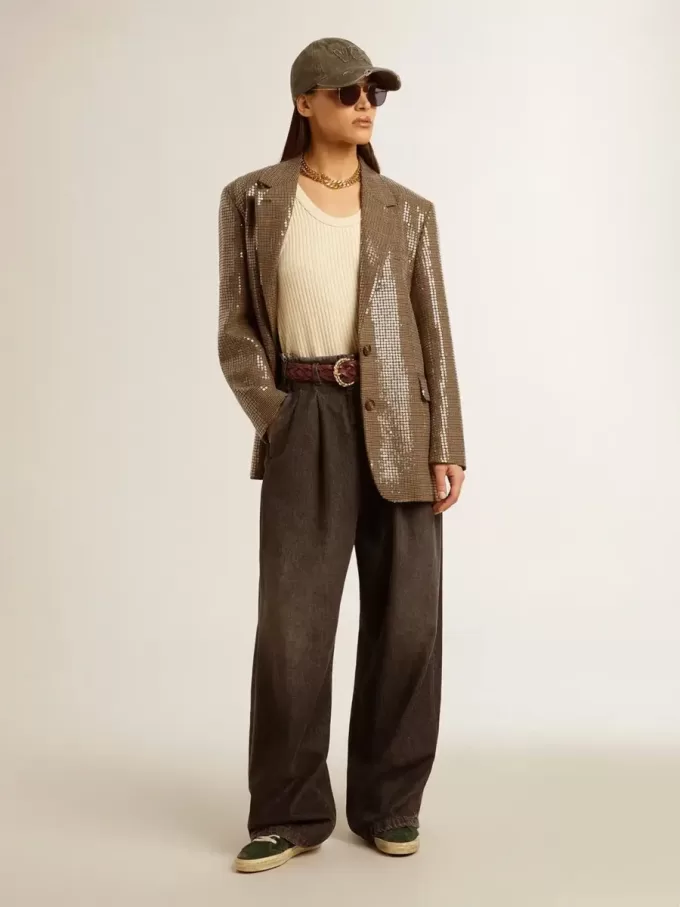 Chaqueta de mujer con estampado de pata de gallo y bordado de lentejuelas en toda la prenda