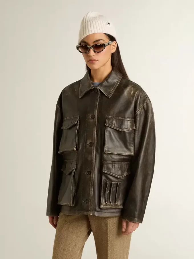 Chaqueta de mujer de piel napa marrón envejecida