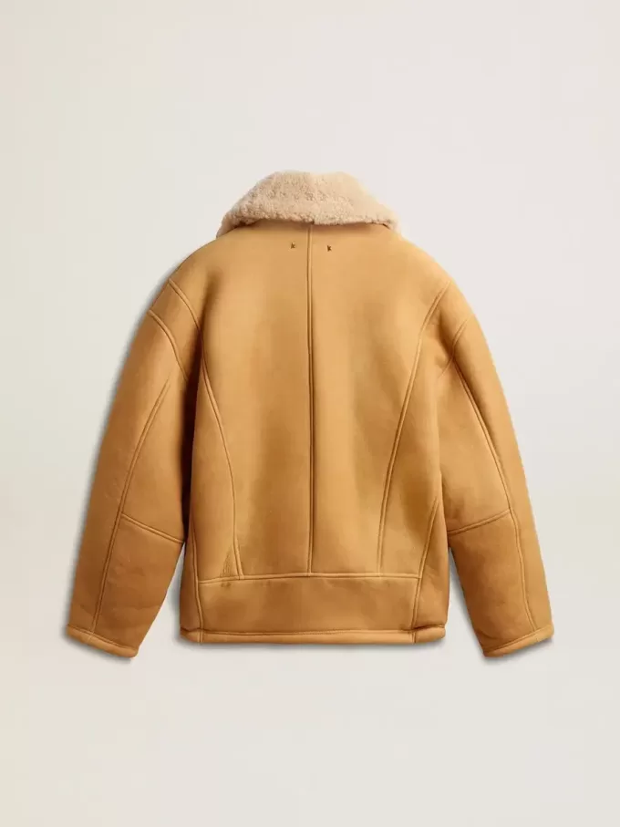 Chaqueta de piel de oveja para mujer con cuello chal ancho de piel de oveja