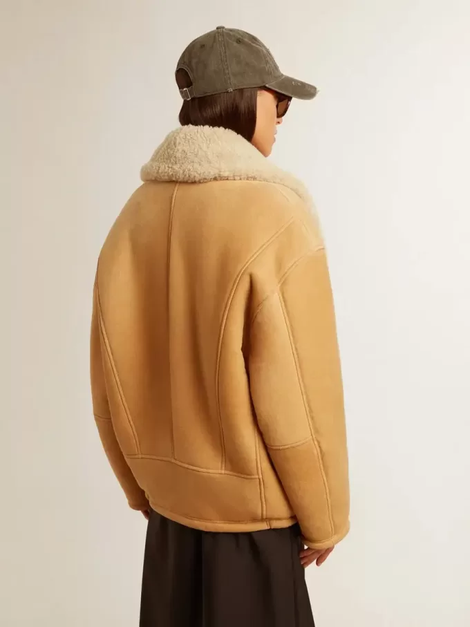 Chaqueta de piel de oveja para mujer con cuello chal ancho de piel de oveja