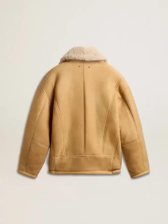 Chaqueta de piel de oveja para mujer con cuello chal ancho de piel de oveja