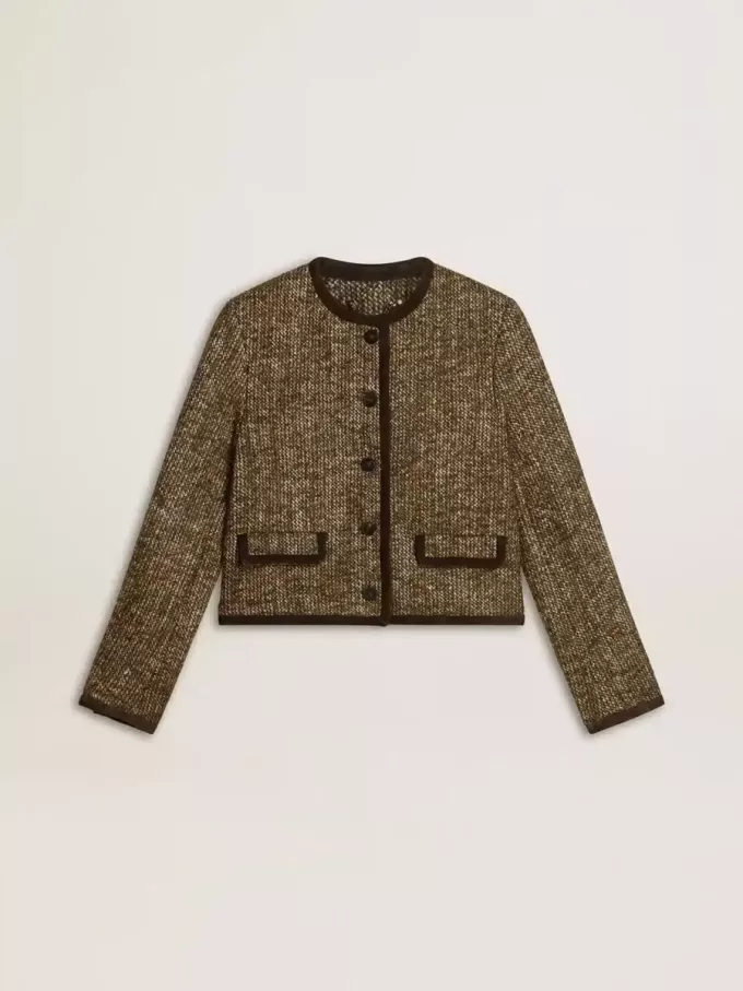 Chaqueta Journey para mujer en tweed de lana con detalles de ante color café