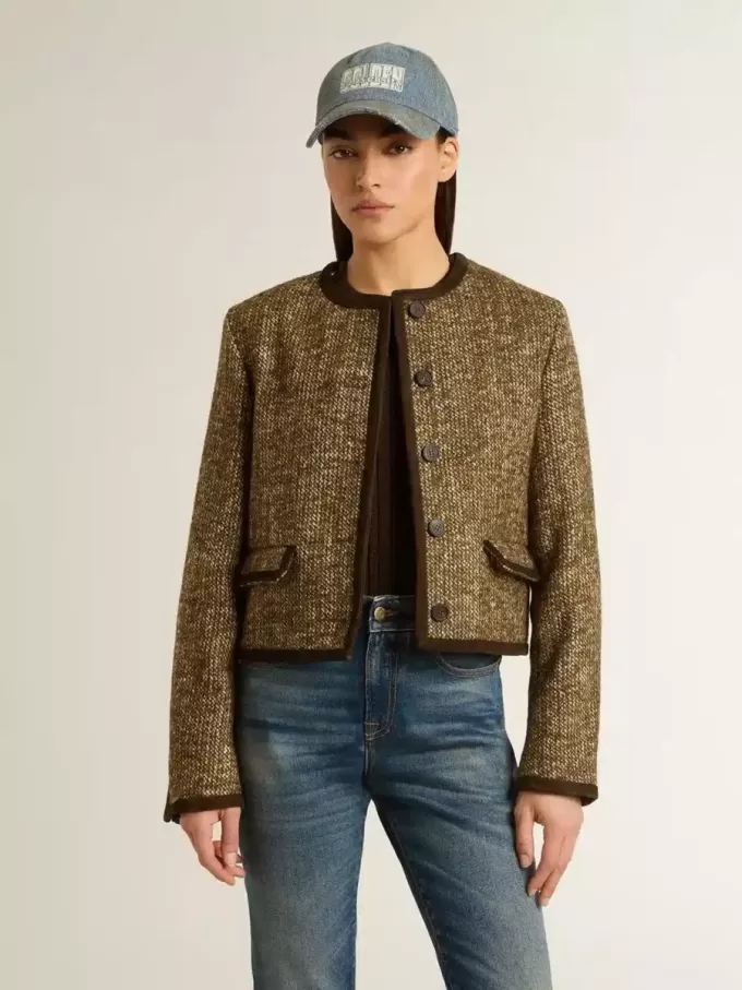 Chaqueta Journey para mujer en tweed de lana con detalles de ante color café
