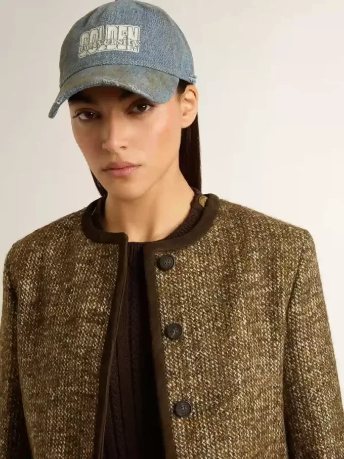 Chaqueta Journey para mujer en tweed de lana con detalles de ante color café