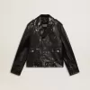 Chaqueta motera de cuero negro para hombre con efecto brillante