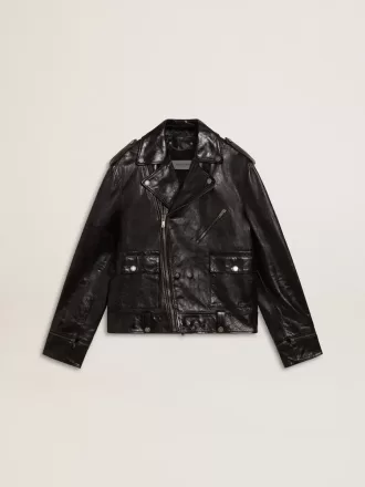 Chaqueta motera de cuero negro para hombre con efecto brillante