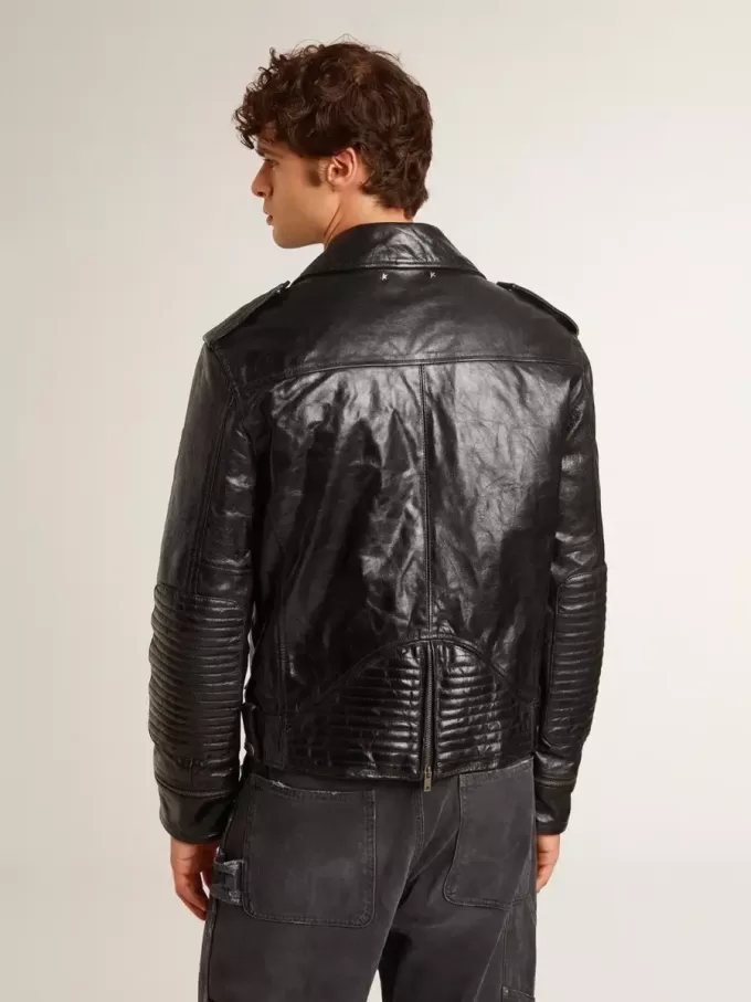 Chaqueta motera de cuero negro para hombre con efecto brillante