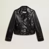 Chaqueta motera de cuero negro para mujer con efecto brillante