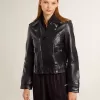 Chaqueta motera de cuero negro para mujer con efecto brillante